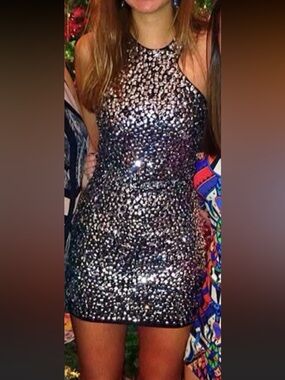 Parker Black with Silver Sequins Halter Mini Dress